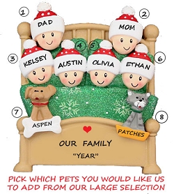 Personalized Family 6 Snuggled in Bed with 2 Dogs or Cats Added Personalized Christmas Ornament Family Six with 2 Pets Hand Personalized
